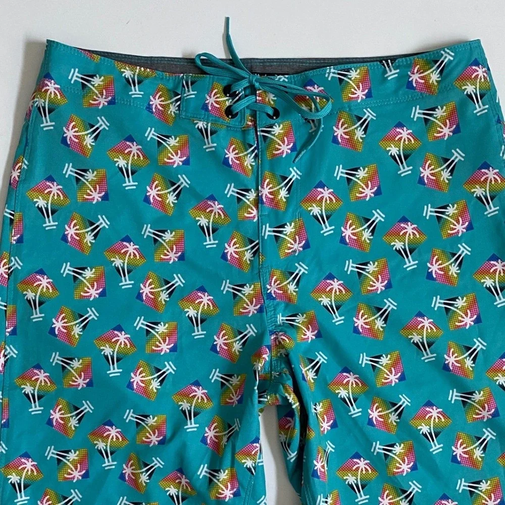 Hurley Mens Teal Palm Tree Rainbow Print Board Shorts‎ Swim Trunks Size 32